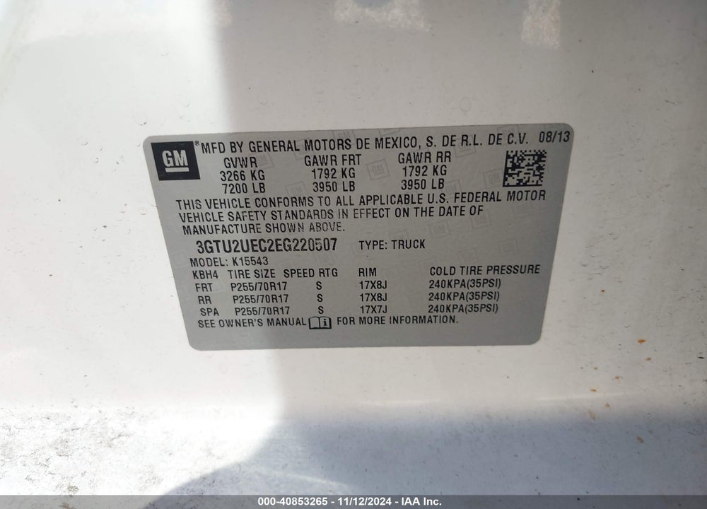 2014 GMC SIERRA 1500 SLE VIN: 3GTU2UEC2EG220507