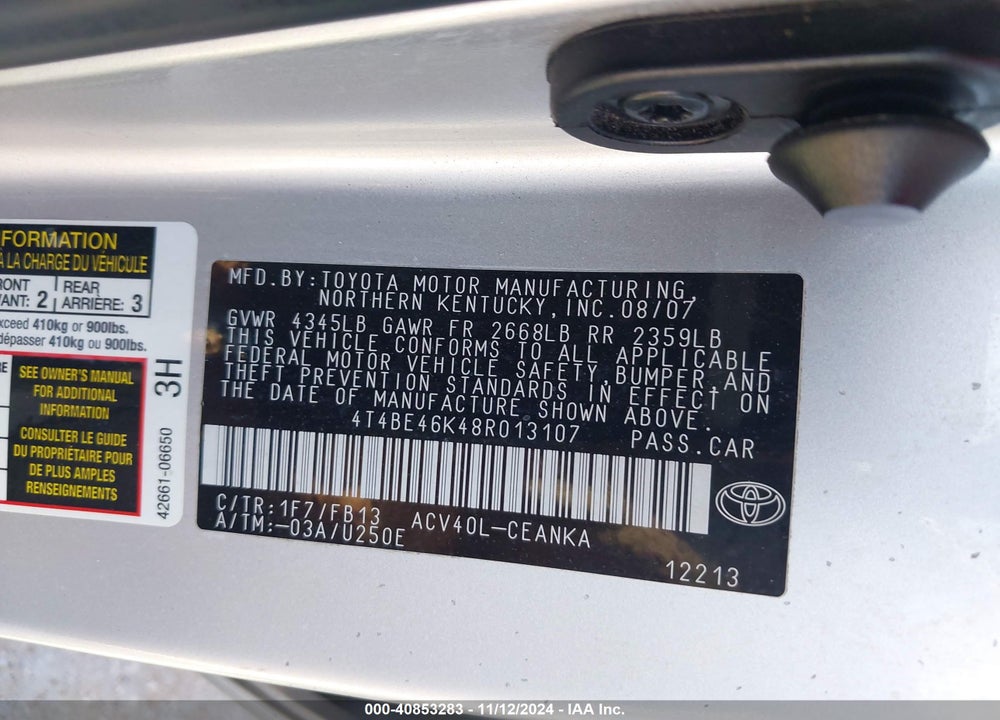 2008 TOYOTA CAMRY LE VIN: 4T4BE46K48R013107