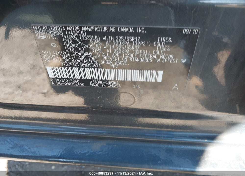 2011 TOYOTA RAV4 VIN: 2T3ZF4DV5BW053424