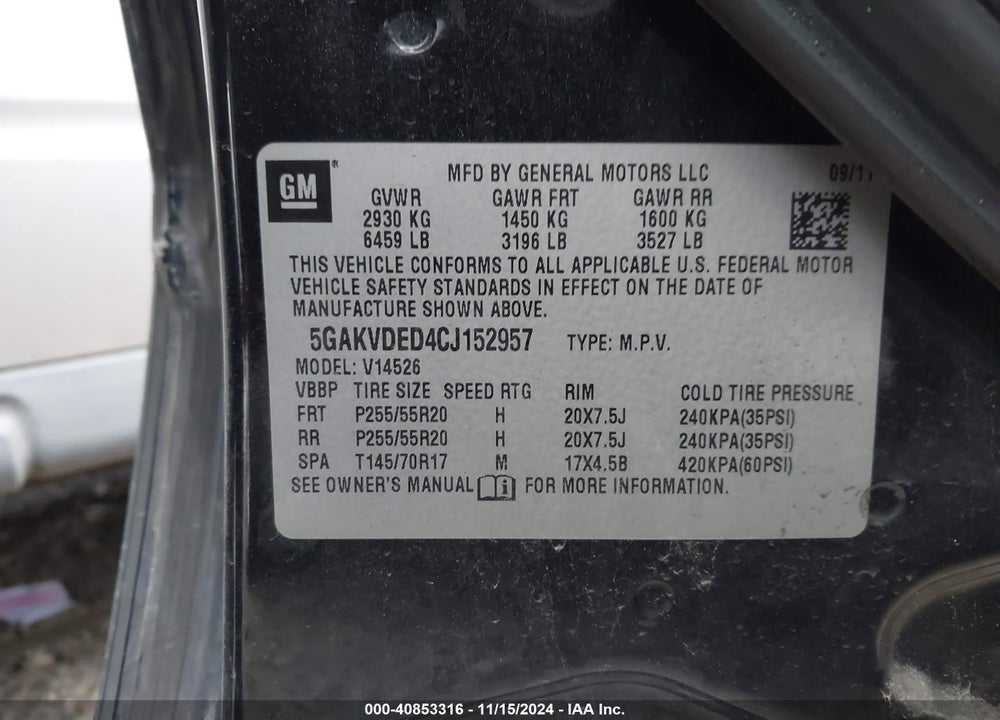 2012 BUICK ENCLAVE PREMIUM VIN: 5GAKVDED4CJ152957