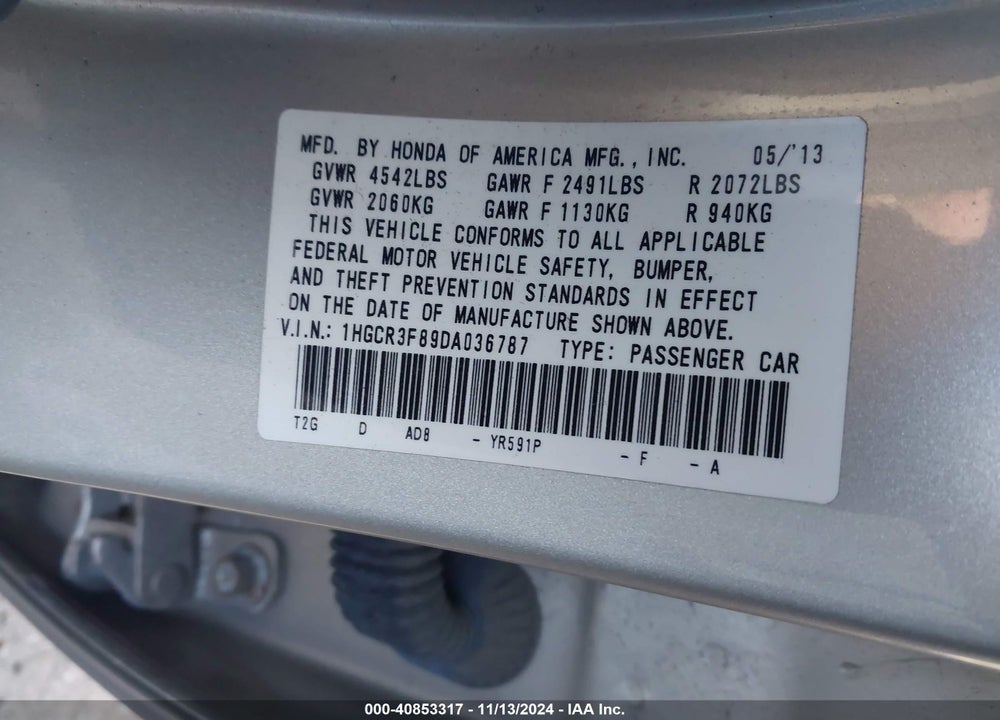 2013 HONDA ACCORD EX-L V-6 VIN: 1HGCR3F89DA036787