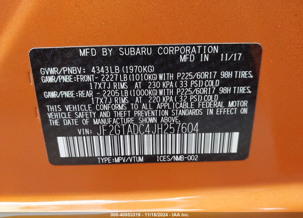 2018 SUBARU CROSSTREK 2.0I PREMIUM VIN: JF2GTADC4JH257604