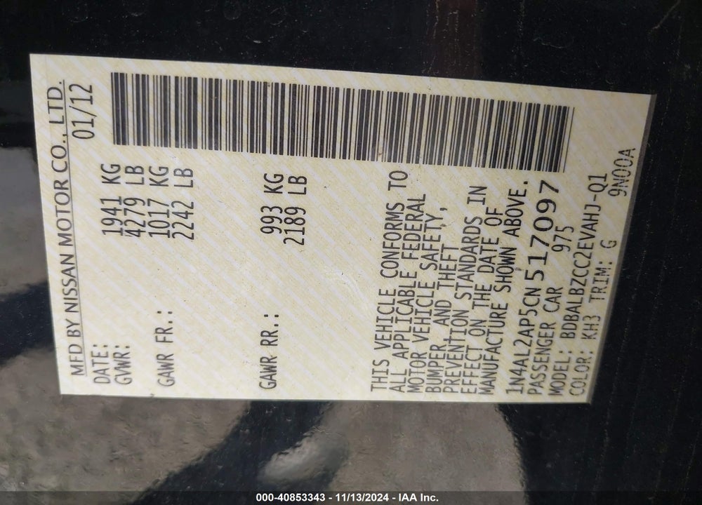 2012 NISSAN ALTIMA 2.5 S VIN: 1N4AL2AP5CN517097