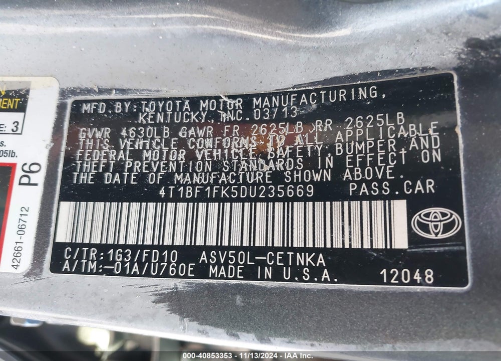 2013 TOYOTA CAMRY VIN: 4T1BF1FK5DU235669