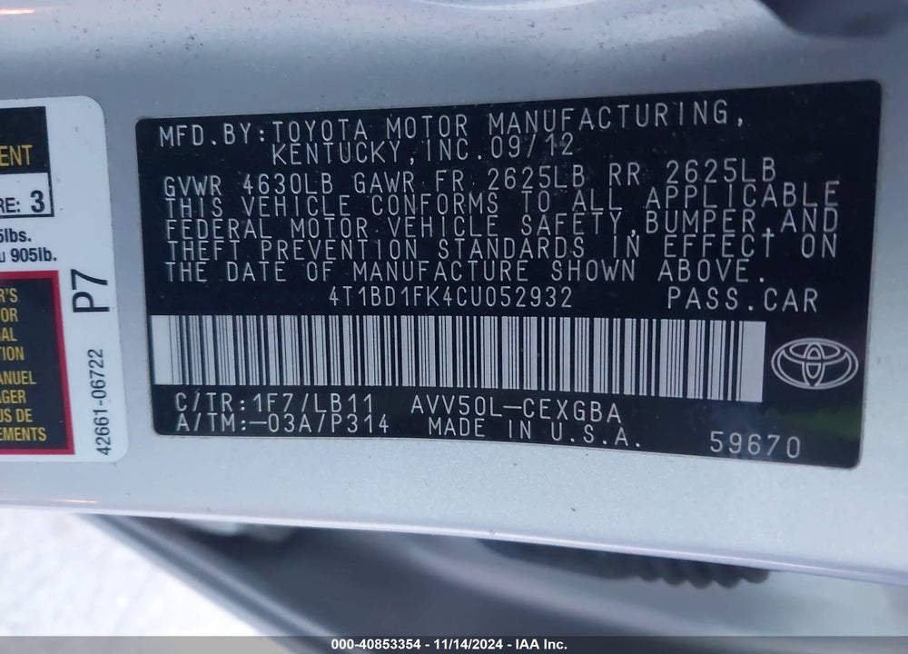 2012 TOYOTA CAMRY HYBRID XLE VIN: 4T1BD1FK4CU052932