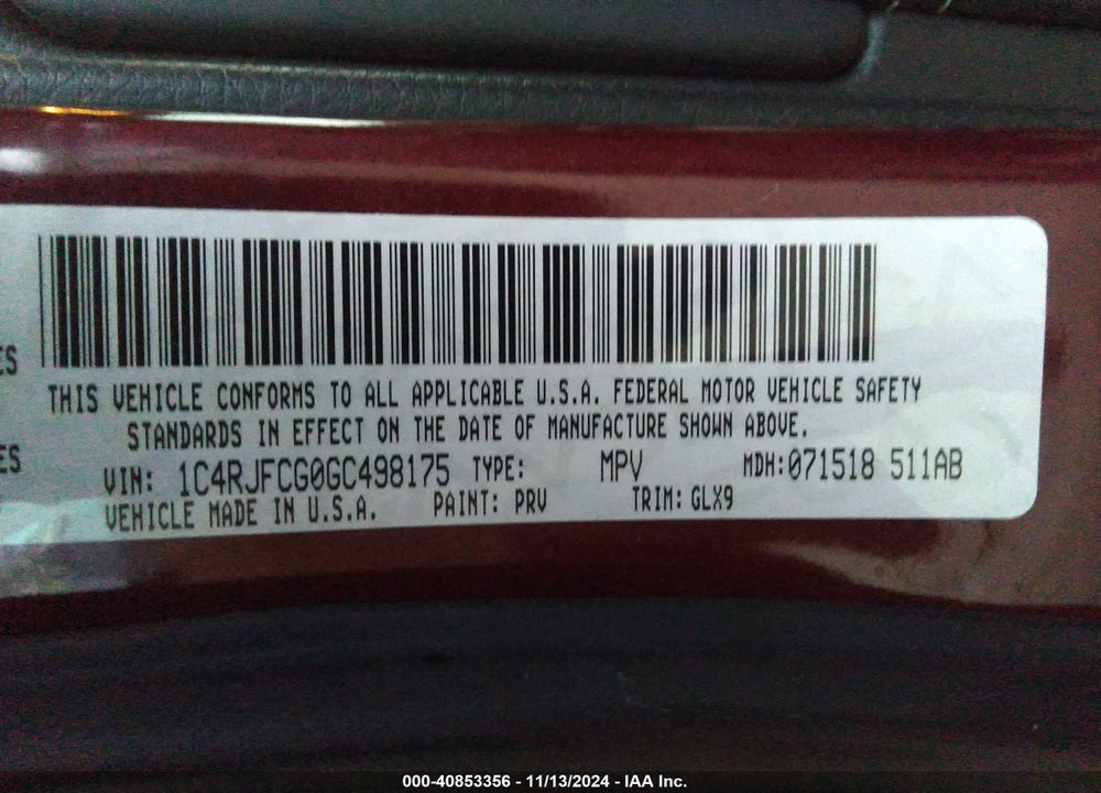 2016 JEEP GRAND CHEROKEE OVERLAND VIN: 1C4RJFCG0GC498175