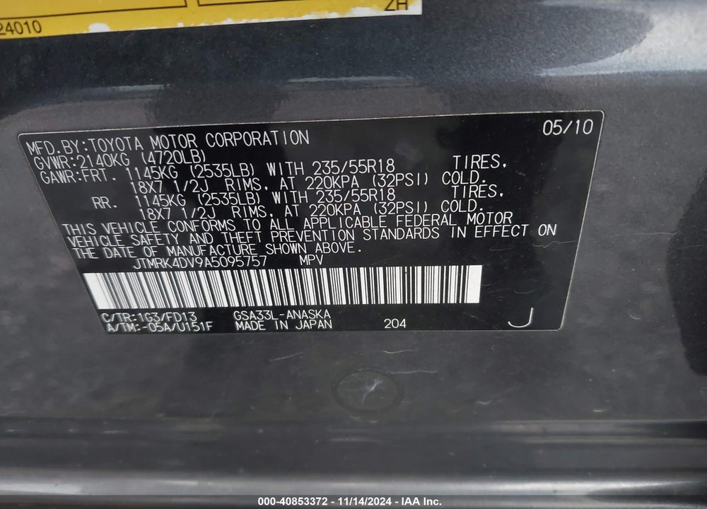 2010 TOYOTA RAV4 SPORT VIN: JTMRK4DV9A5095757