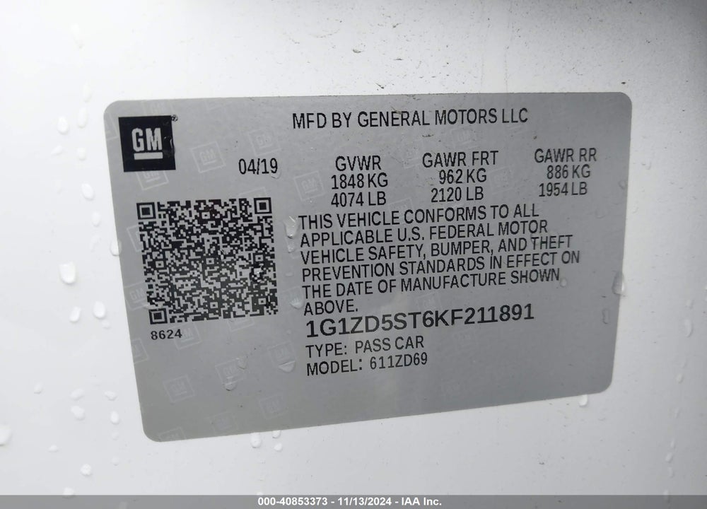 2019 CHEVROLET MALIBU LT VIN: 1G1ZD5ST6KF211891