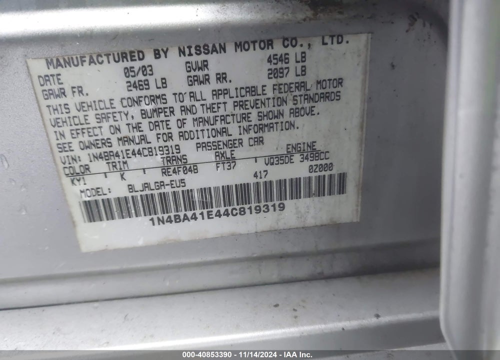 2004 NISSAN MAXIMA 3.5 SL VIN: 1N4BA41E44C819319