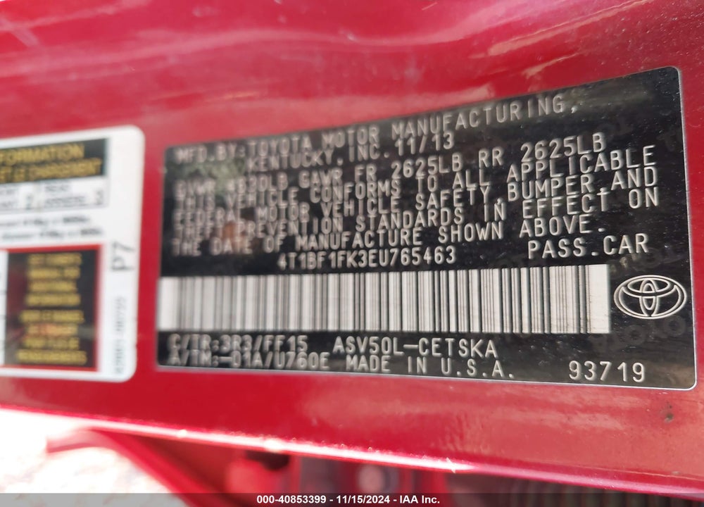 2014 TOYOTA CAMRY SE VIN: 4T1BF1FK3EU765463