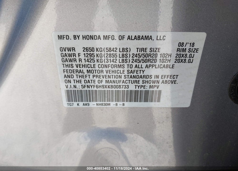 2019 HONDA PILOT TOURING VIN: 5FNYF6H9XKB008733