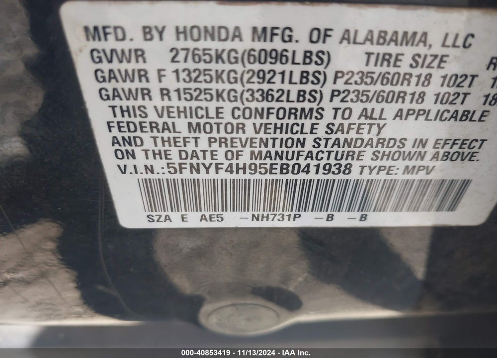 2014 HONDA PILOT TOURING VIN: 5FNYF4H95EB041938