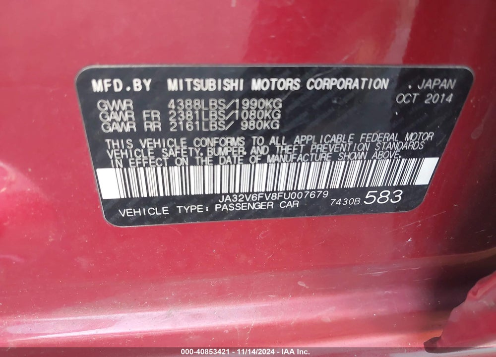 2015 MITSUBISHI LANCER RALLIART VIN: JA32V6FV8FU007679