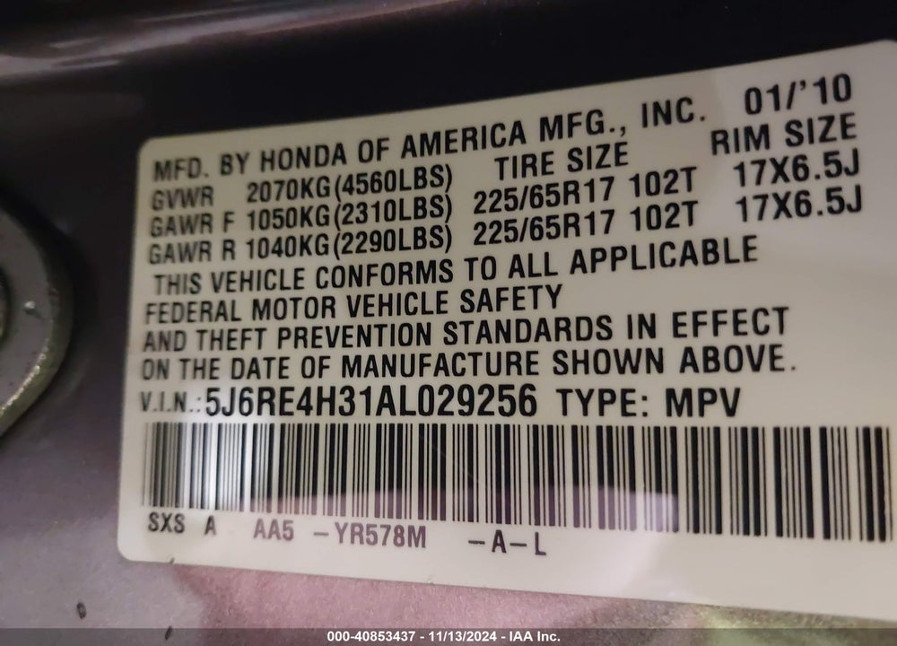 2010 HONDA CR-V LX VIN: 5J6RE4H31AL029256