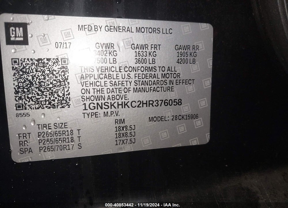 2017 CHEVROLET SUBURBAN LT VIN: 1GNSKHKC2HR376058