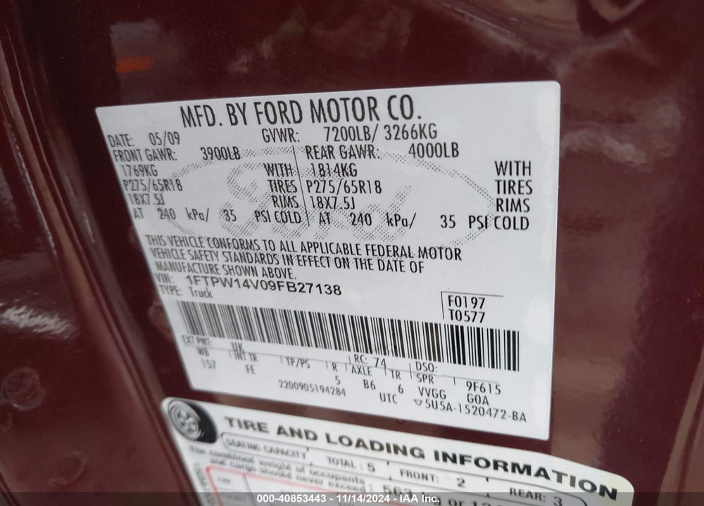 2009 FORD F-150 FX4/KING RANCH/LARIAT/PLATINUM/XL/XLT VIN: 1FTPW14V09FB27138