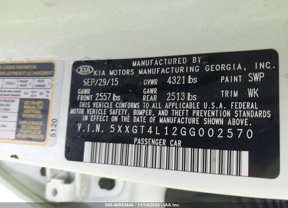 2016 KIA OPTIMA LX TURBO VIN: 5XXGT4L12GG002570