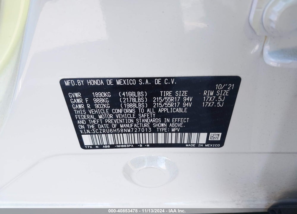 2022 HONDA HR-V VIN: 3CZRU6H58NM727013
