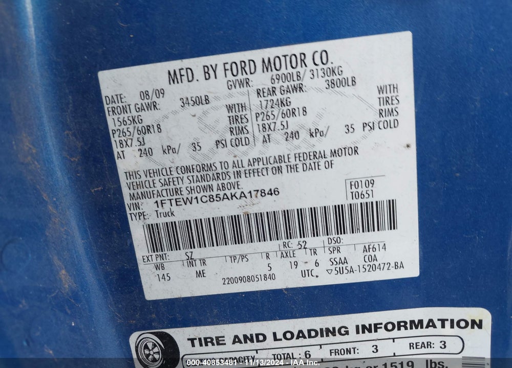 2010 FORD F-150 VIN: 1FTEW1C85AKA17846
