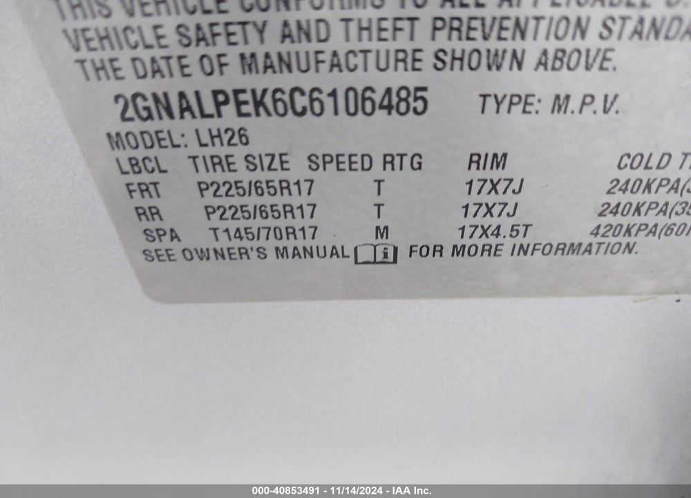 2012 CHEVROLET EQUINOX VIN: 2GNALPEK6C6106485