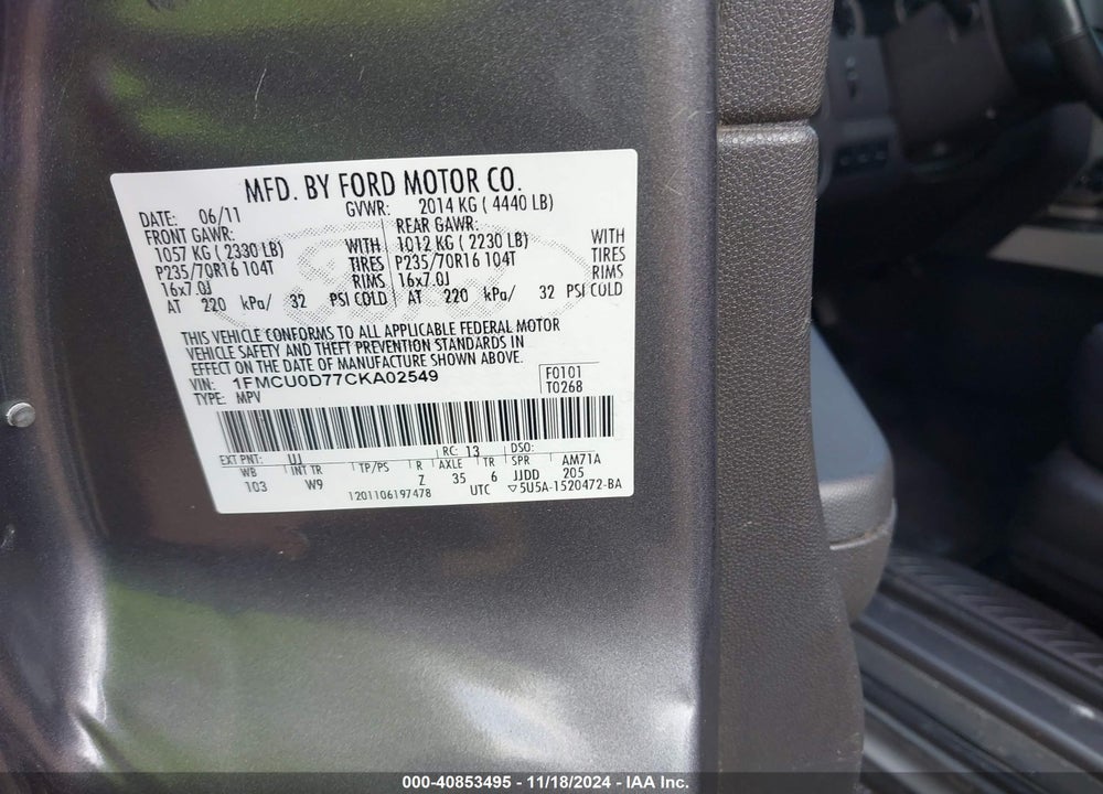 2012 FORD ESCAPE XLT VIN: 1FMCU0D77CKA02549