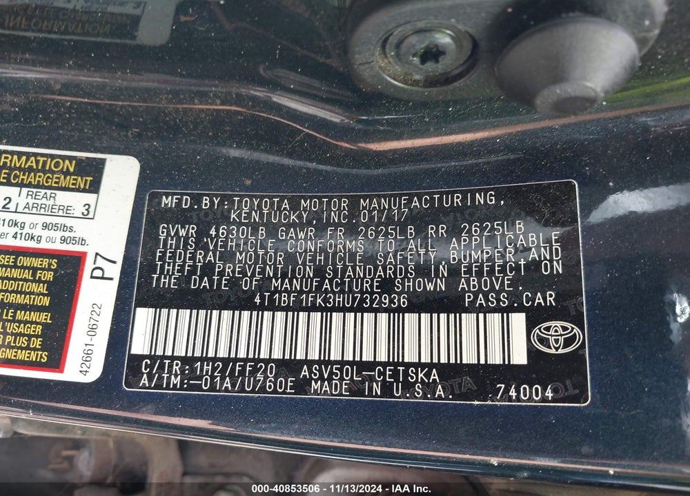 2017 TOYOTA CAMRY VIN: 4T1BF1FK3HU732936