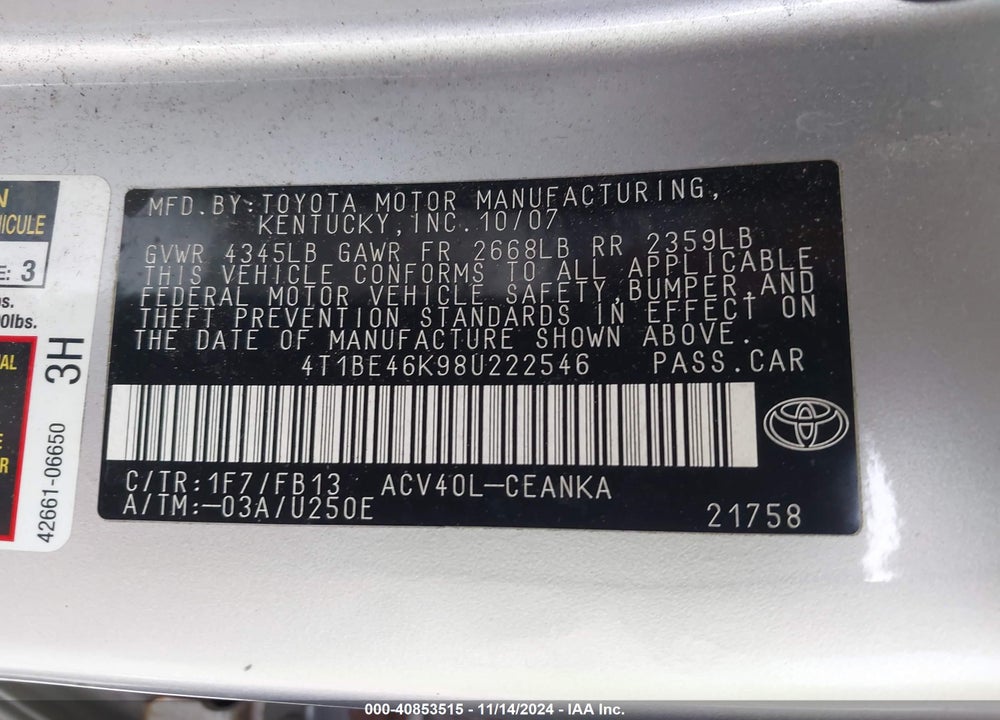 2008 TOYOTA CAMRY VIN: 4T1BE46K98U222546