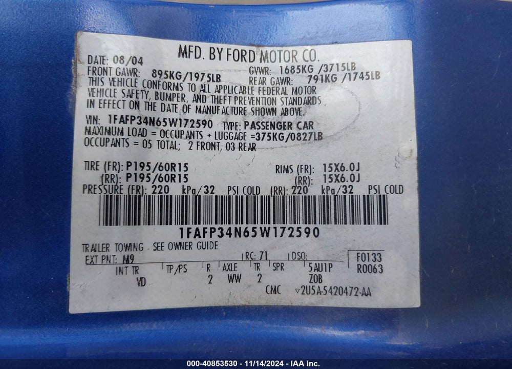 2005 FORD FOCUS ZX4 VIN: 1FAFP34N65W172590