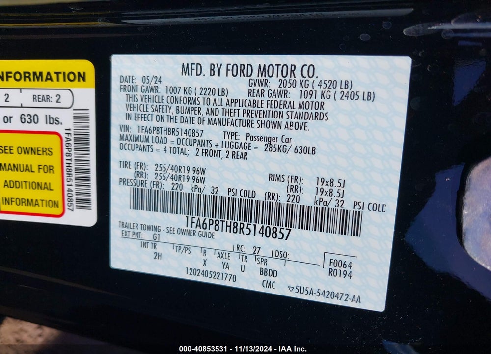2024 FORD MUSTANG ECOBOOST VIN: 1FA6P8TH8R5140857