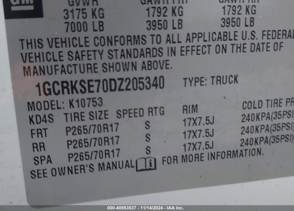 2013 CHEVROLET SILVERADO 1500 LT VIN: 1GCRKSE70DZ205340