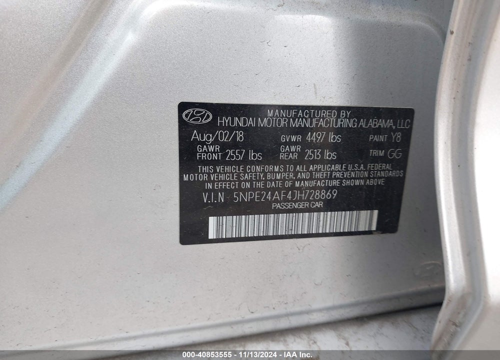 2018 HYUNDAI SONATA SE VIN: 5NPE24AF4JH728869