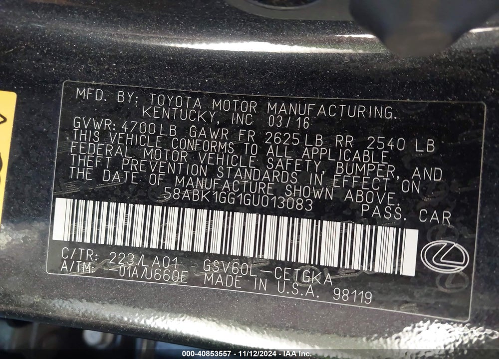 2016 LEXUS ES 350 VIN: 58ABK1GG1GU013083