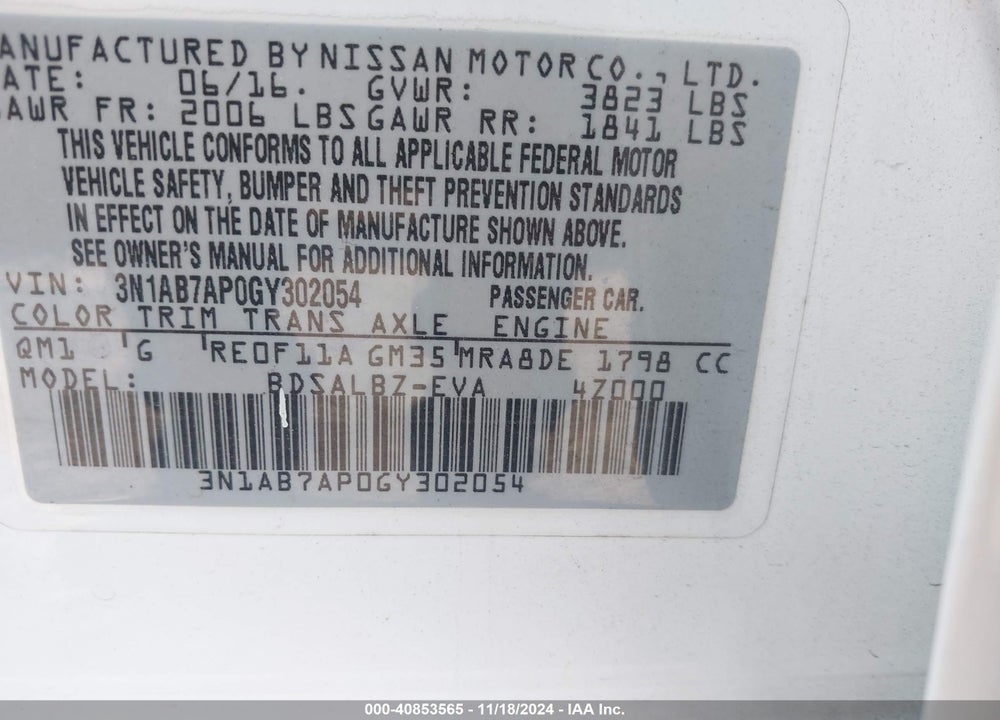 2016 NISSAN SENTRA FE+ S/S/SL/SR/SV VIN: 3N1AB7AP0GY302054