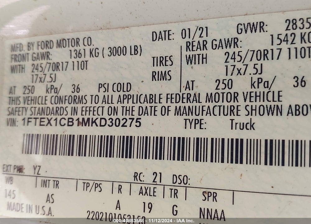 2021 FORD F-150 XL VIN: 1FTEX1CB1MKD30275