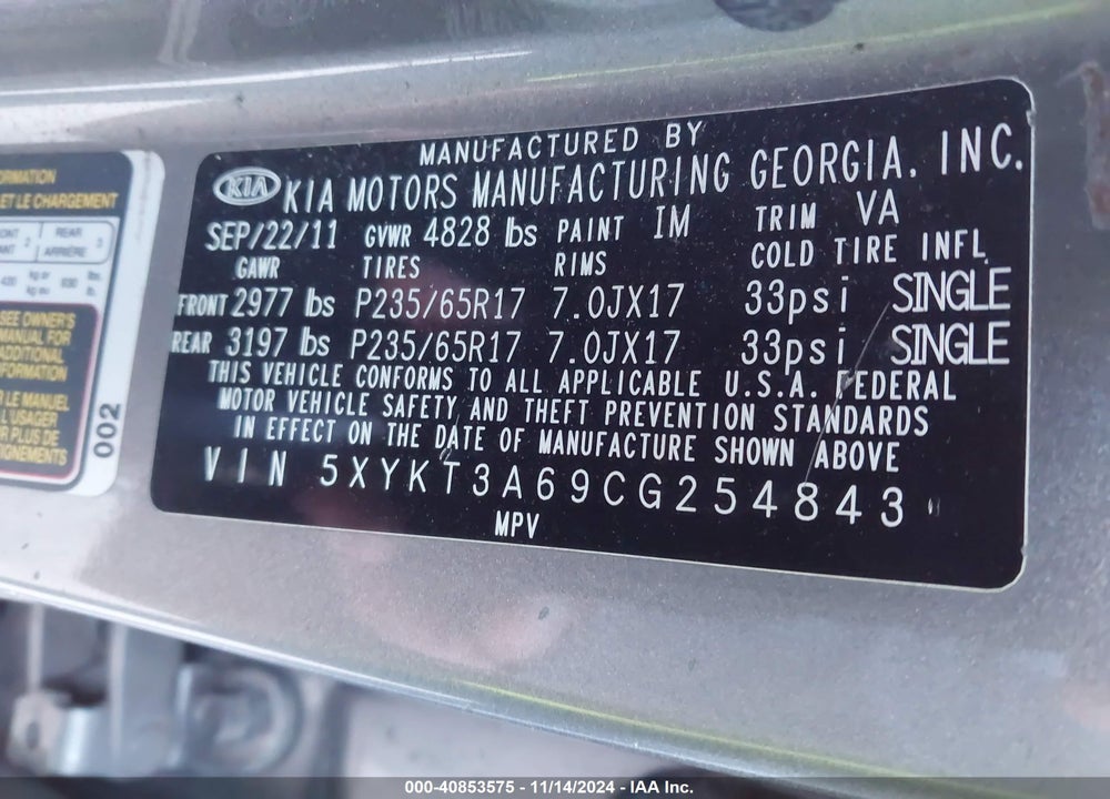2012 KIA SORENTO LX VIN: 5XYKT3A69CG254843