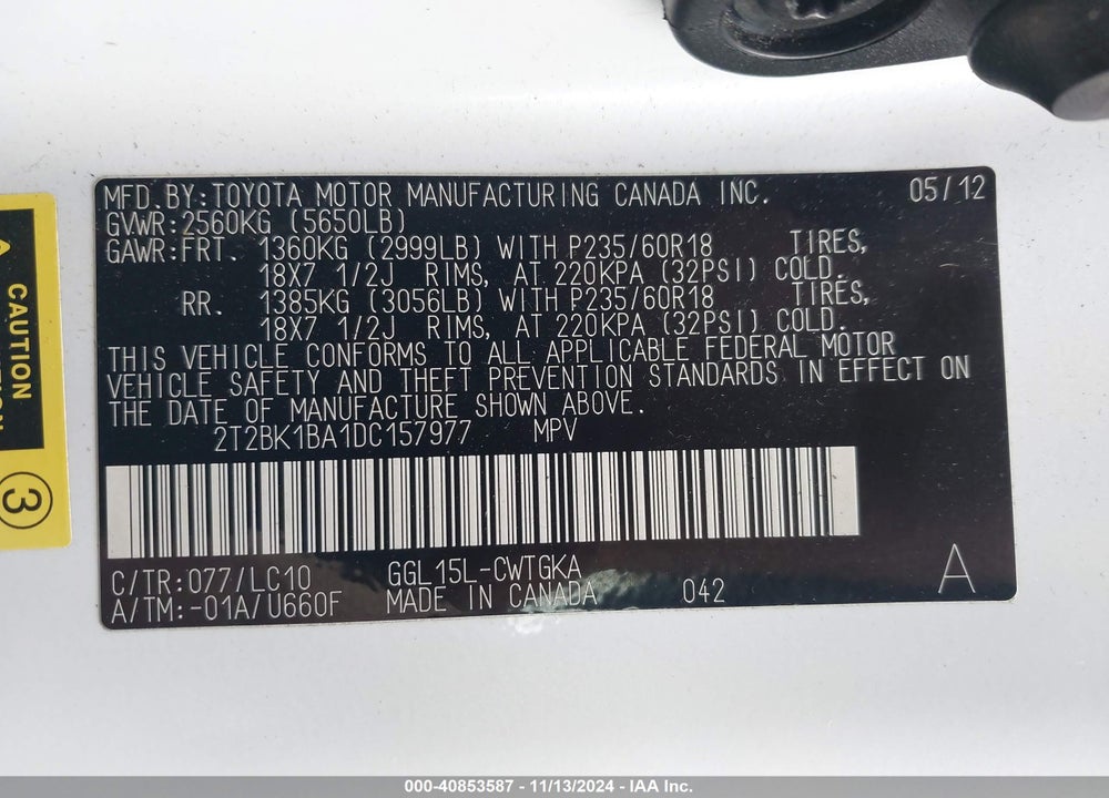 2013 LEXUS RX 350 VIN: 2T2BK1BA1DC157977