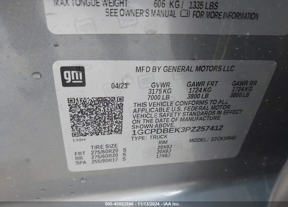2023 CHEVROLET SILVERADO 1500 4WD SHORT BED CUSTOM VIN: 1GCPDBEK3PZ257412