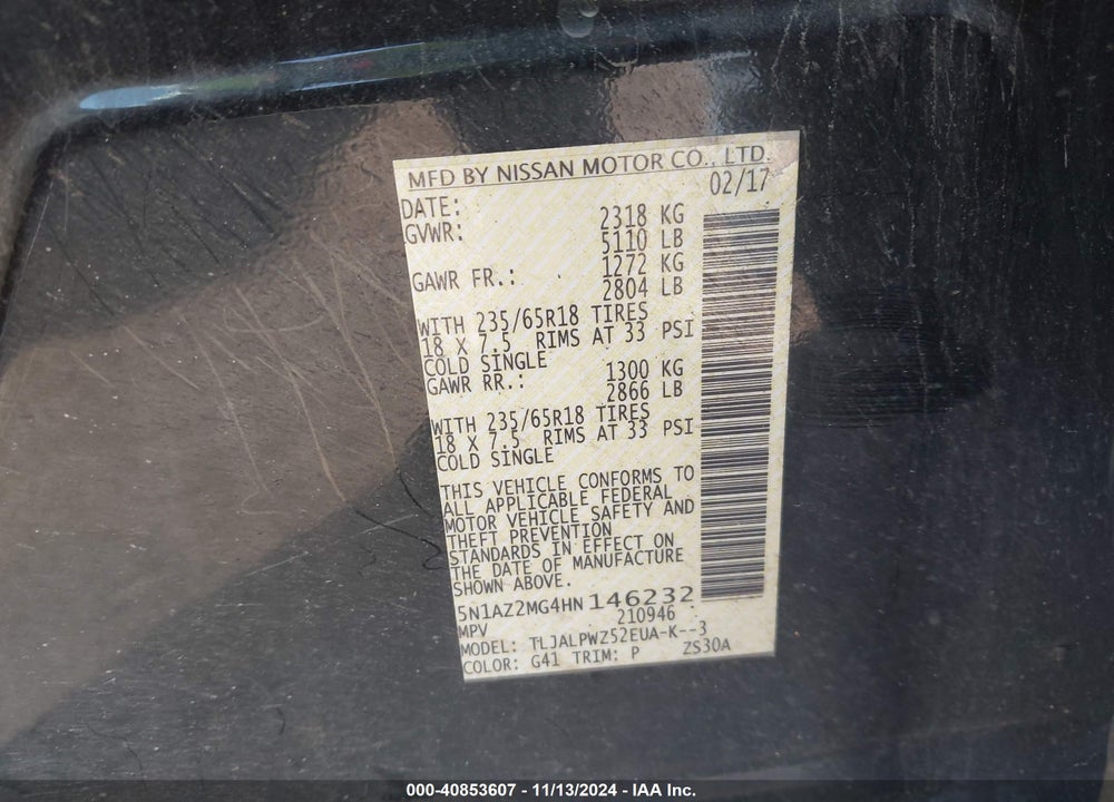 2017 NISSAN MURANO S VIN: 5N1AZ2MG4HN146232