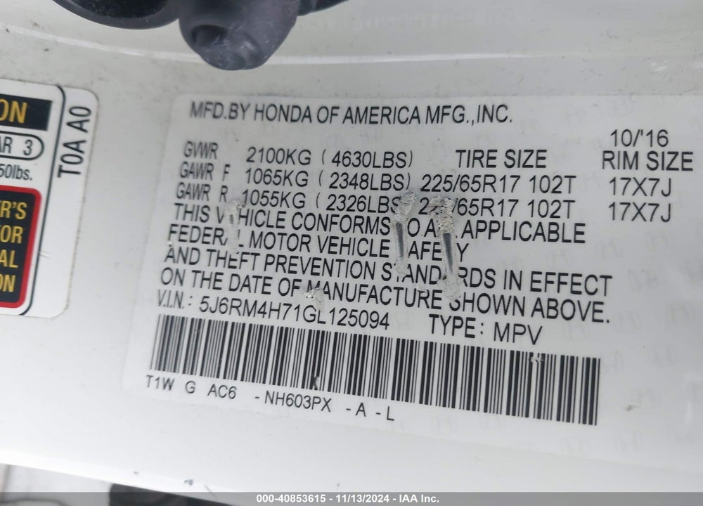 2016 HONDA CR-V EX-L VIN: 5J6RM4H71GL125094