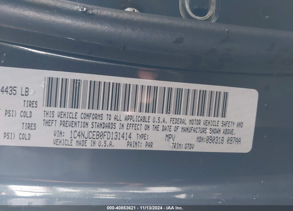 2015 JEEP COMPASS LATITUDE VIN: 1C4NJCEB0FD131414