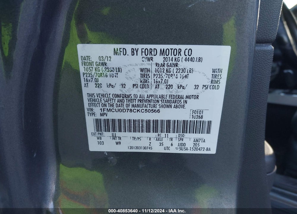 2012 FORD ESCAPE XLT VIN: 1FMCU0D78CKC50566