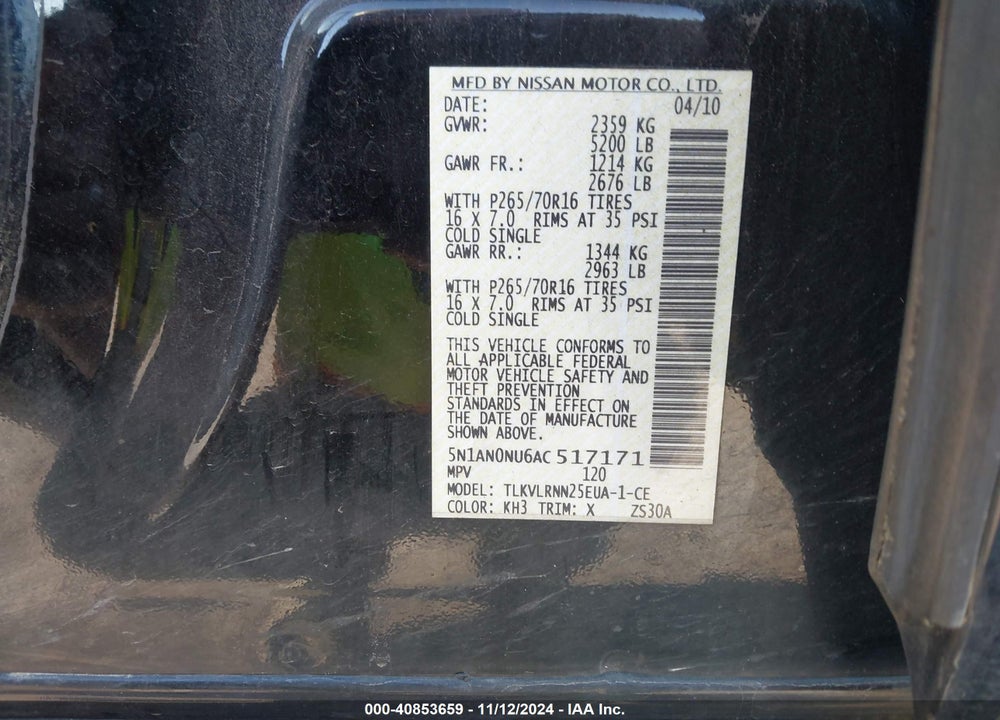 2010 NISSAN XTERRA S VIN: 5N1AN0NU6AC517171