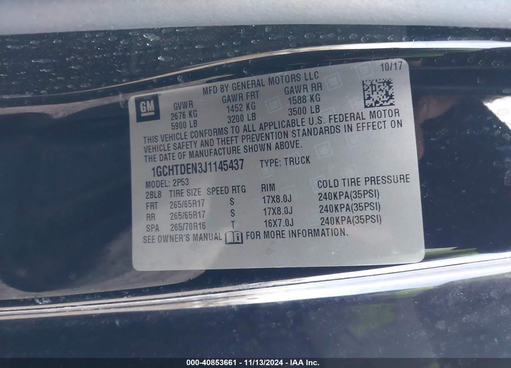 2018 CHEVROLET COLORADO VIN: 1GCHTDEN3J1145437