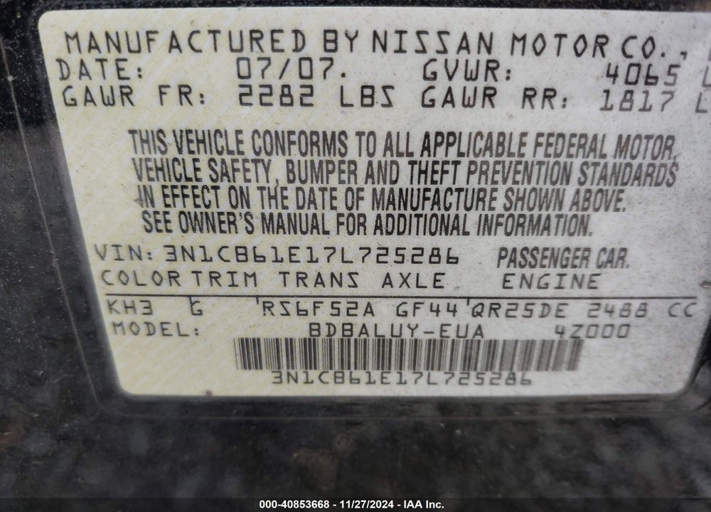 2007 NISSAN SENTRA SE-R SPEC V VIN: 3N1CB61E17L725286