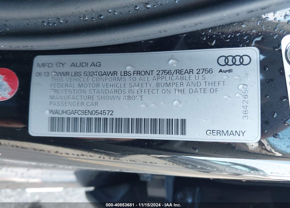2014 AUDI A6 3.0T PREMIUM PLUS VIN: WAUHGAFC9EN054572
