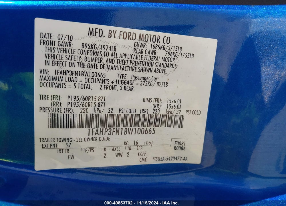 2011 FORD FOCUS SE VIN: 1FAHP3FN1BW100665