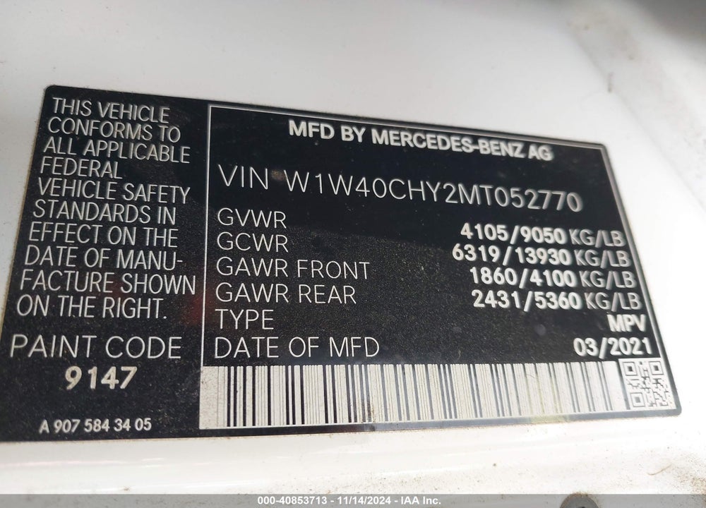 2021 MERCEDES-BENZ SPRINTER 2500 HIGH ROOF I4 VIN: W1W40CHY2MT052770