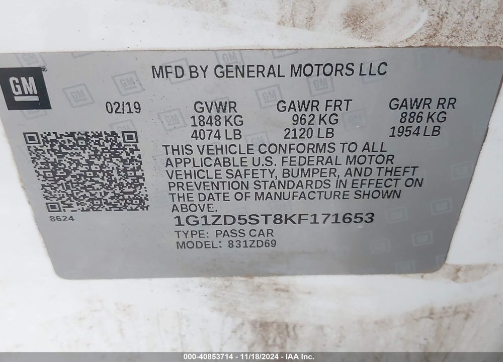 2019 CHEVROLET MALIBU LT VIN: 1G1ZD5ST8KF171653