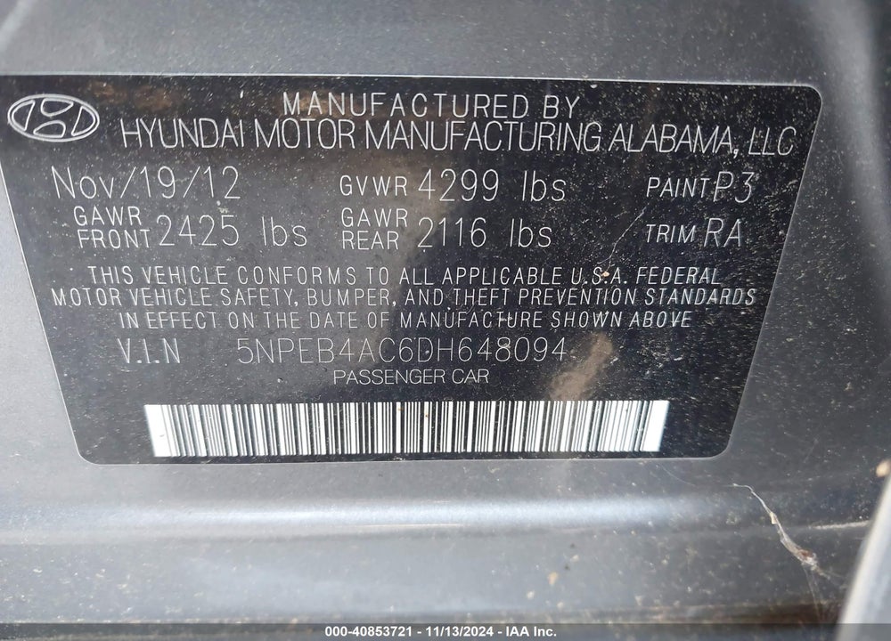 2013 HYUNDAI SONATA GLS VIN: 5NPEB4AC6DH648094