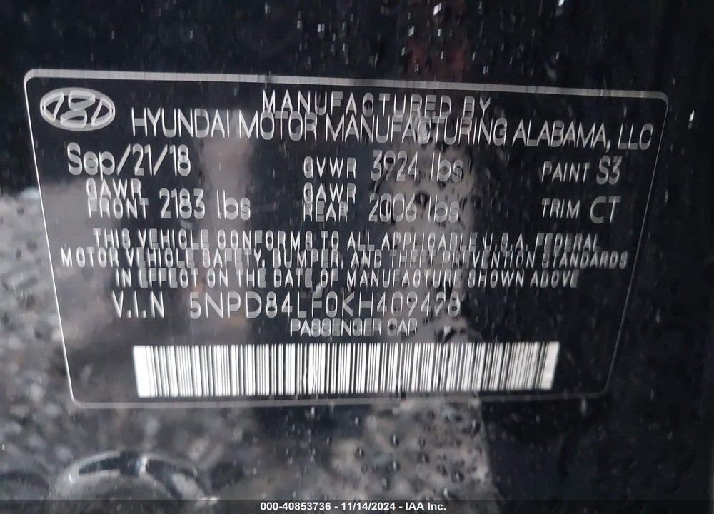 2019 HYUNDAI ELANTRA LIMITED VIN: 5NPD84LF0KH409428
